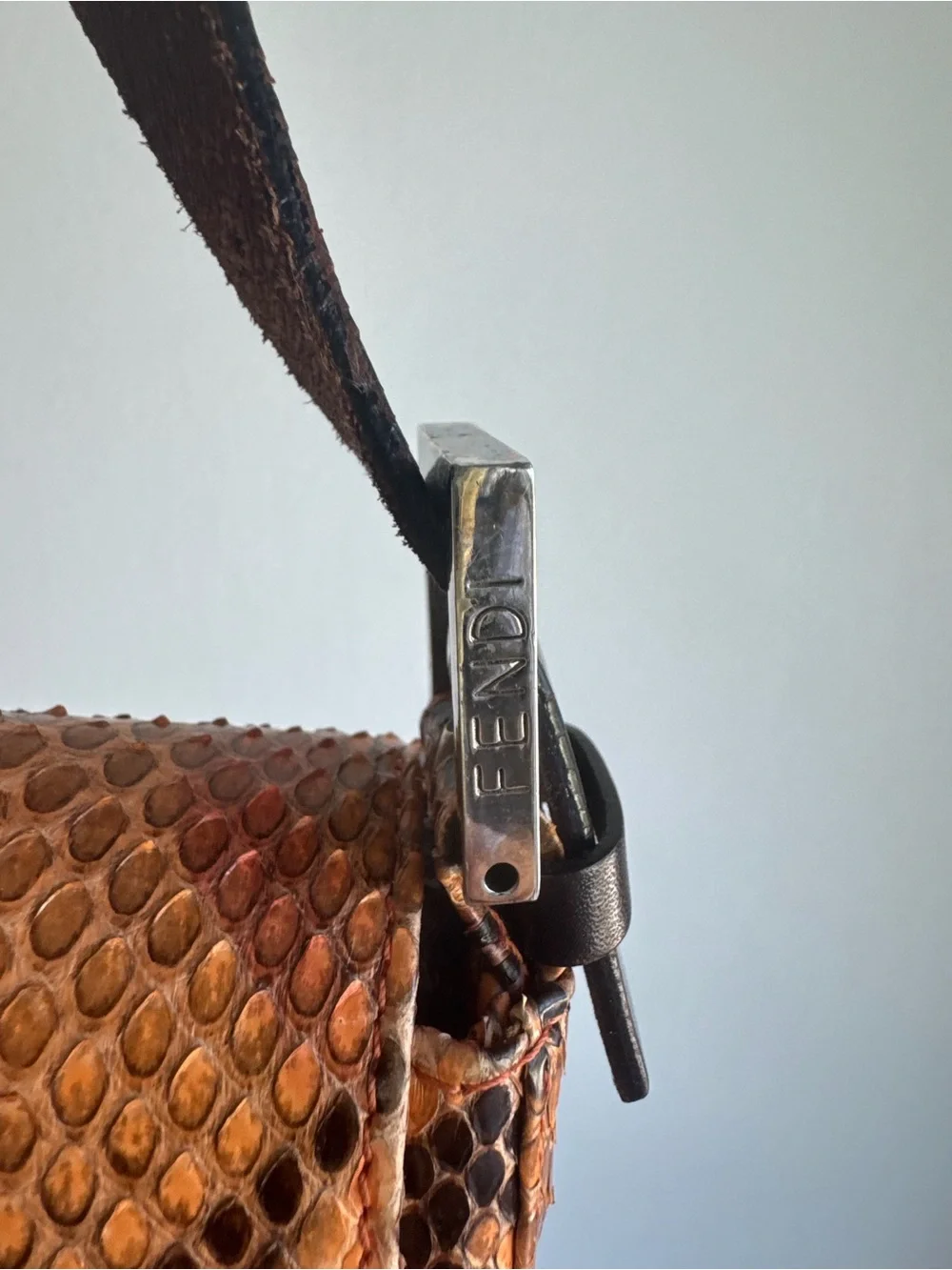 Fendi Orange and Black Python Shoulder Baguette Bag